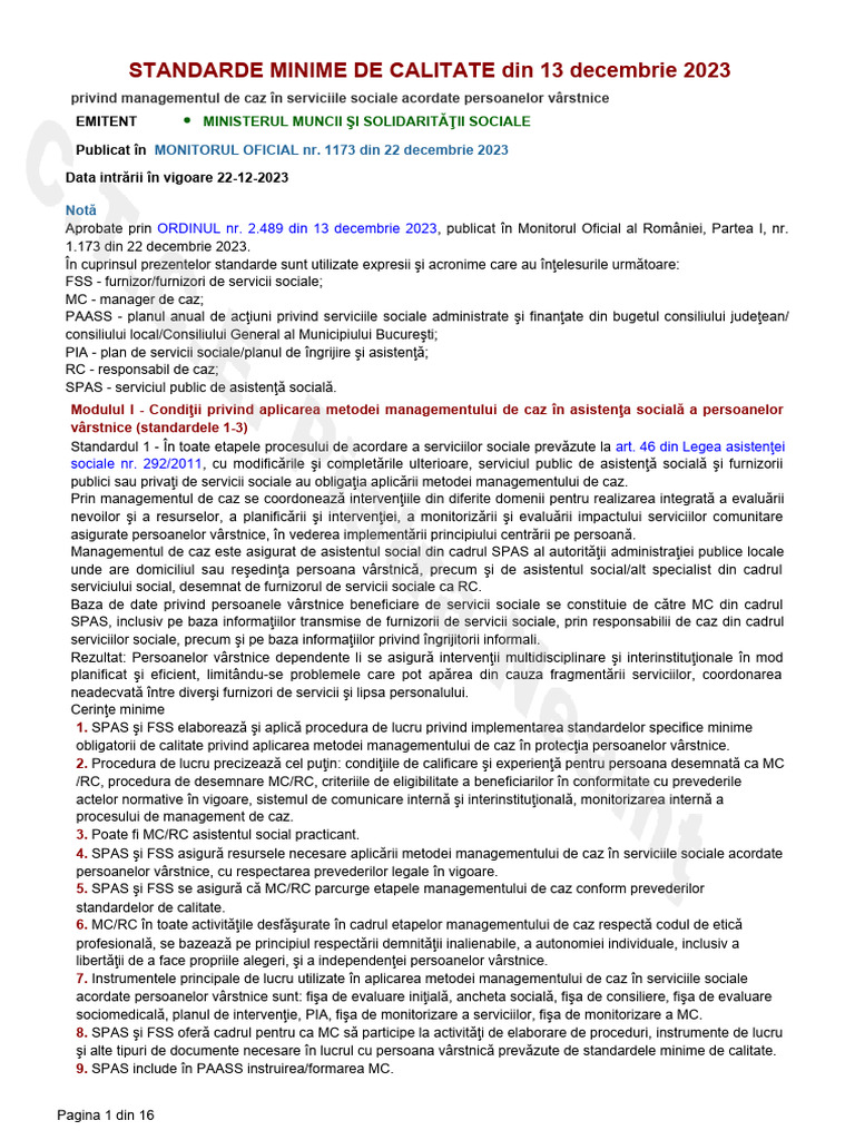 Ordin 2489-2023 Standarde Minime de Calitate | PDF
