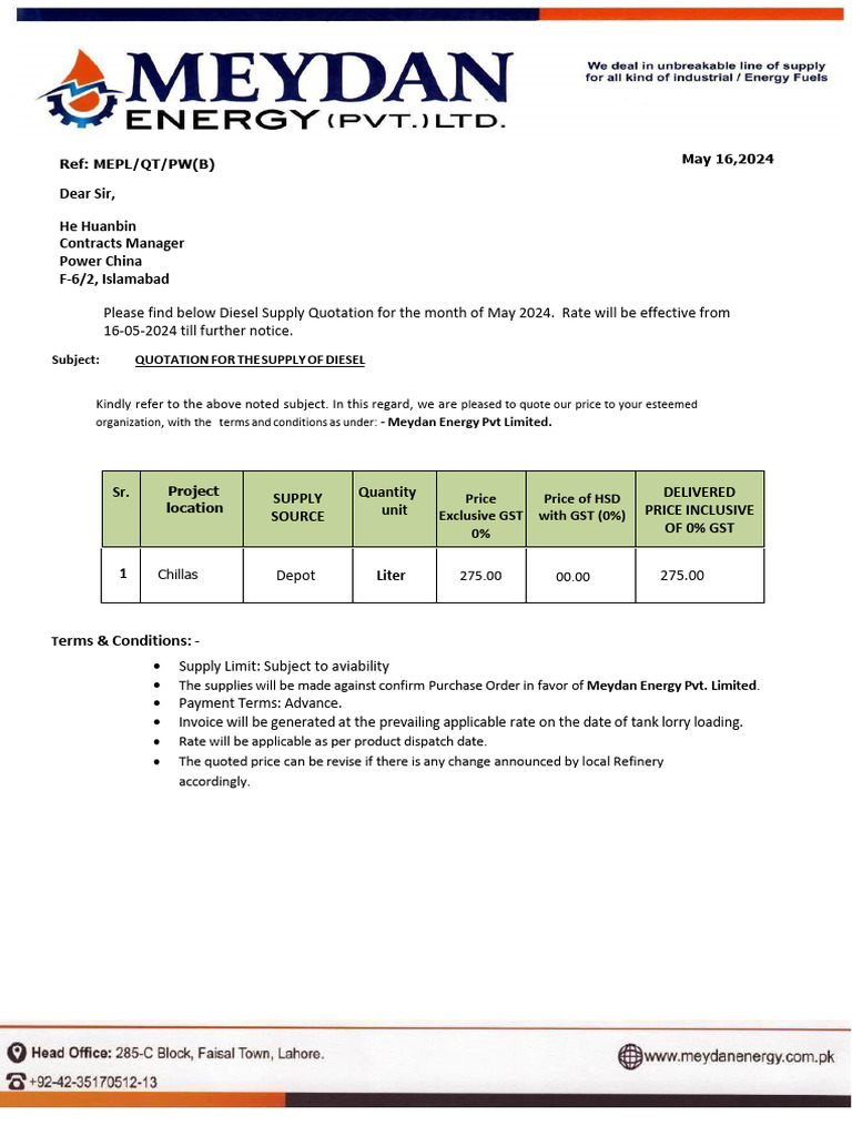 Diesel Supply Quotation May 2024 | PDF | Value Added Tax | Economies