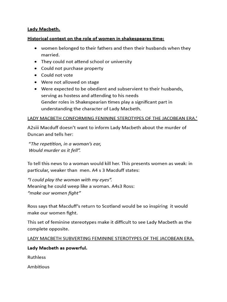 Lady Macbeth: Gender Roles in Shakespeare | PDF | Macbeth | Feminism