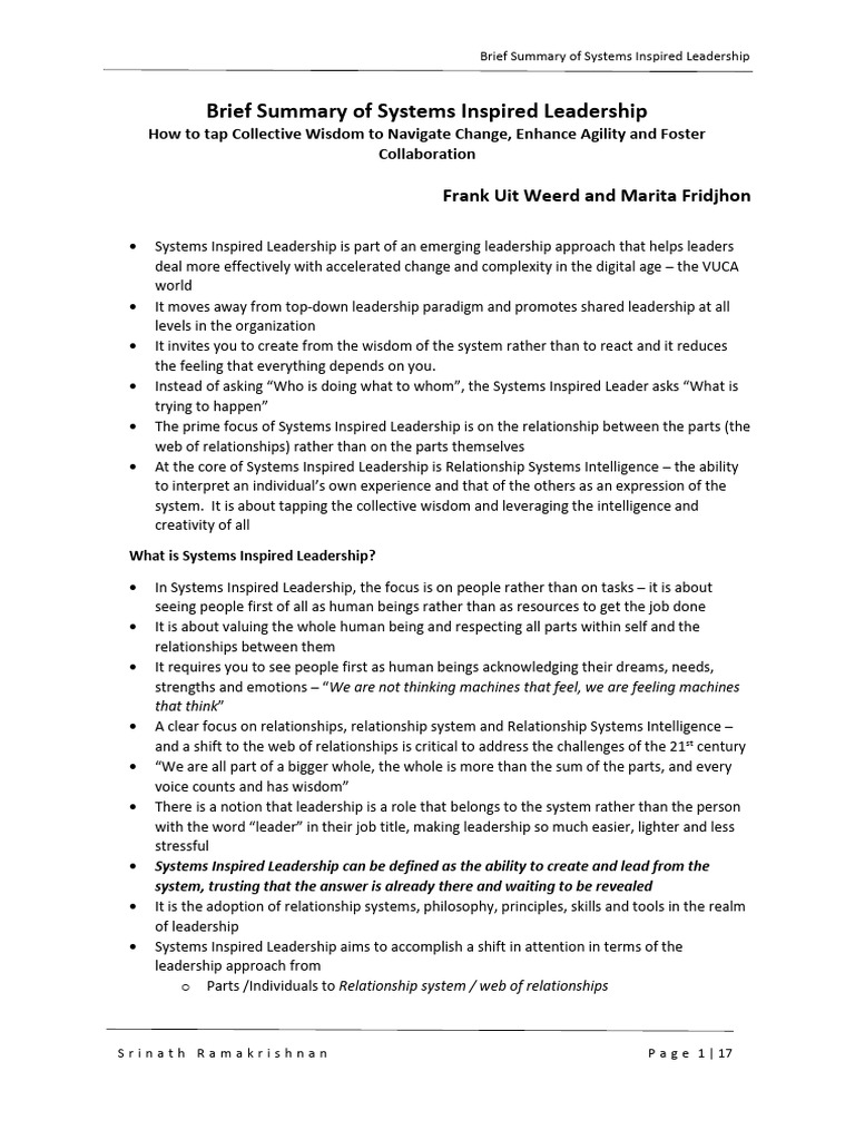 Brief Summary of Systems Inspired Leadership | PDF | Leadership | System