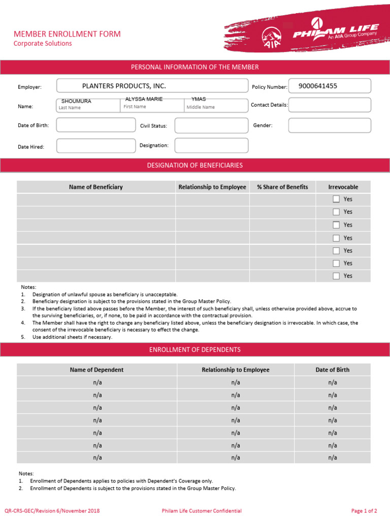 Member Enrollment and Beneficiary Form | PDF | Insurance | Employment