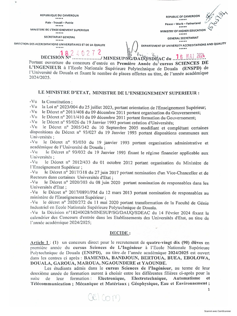 Concours ENSPD UD 2024 1ere Annee Sciences De L Ingenieur Fr PDF