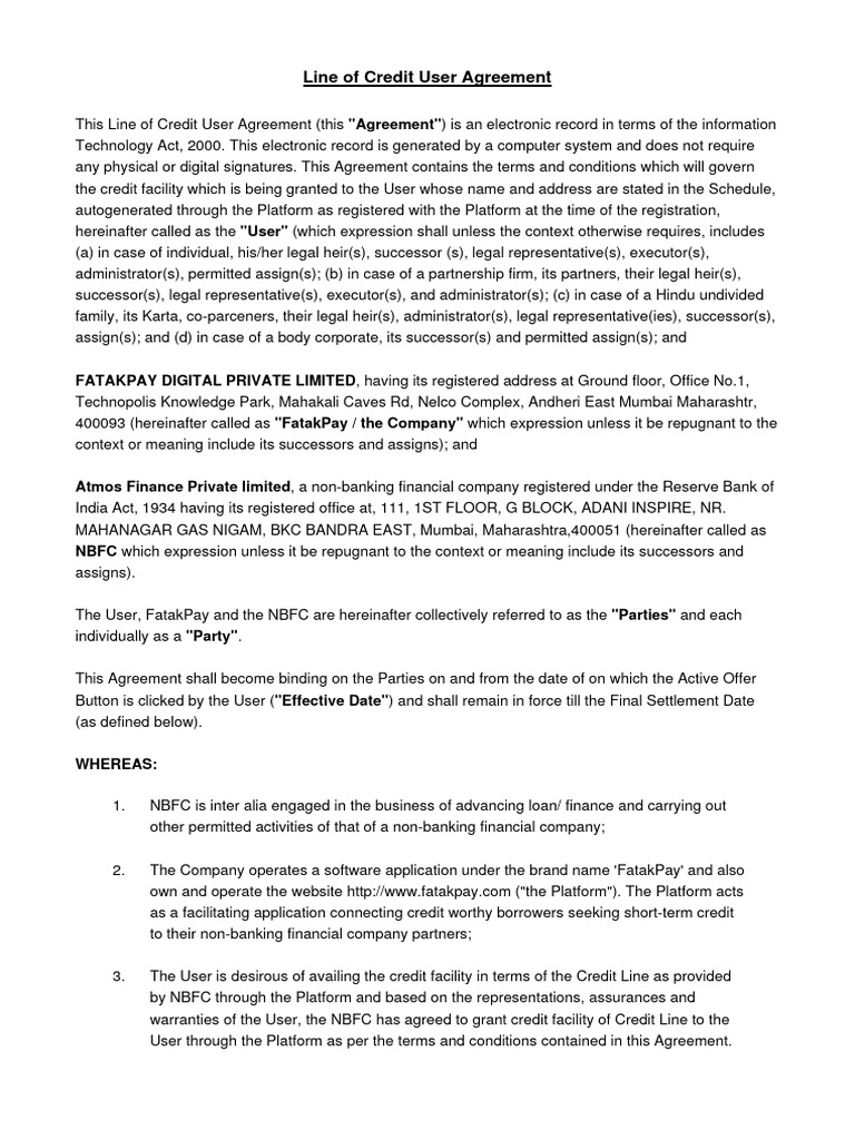 FatakPay Line of Credit Agreement | PDF | Indemnity | Interest