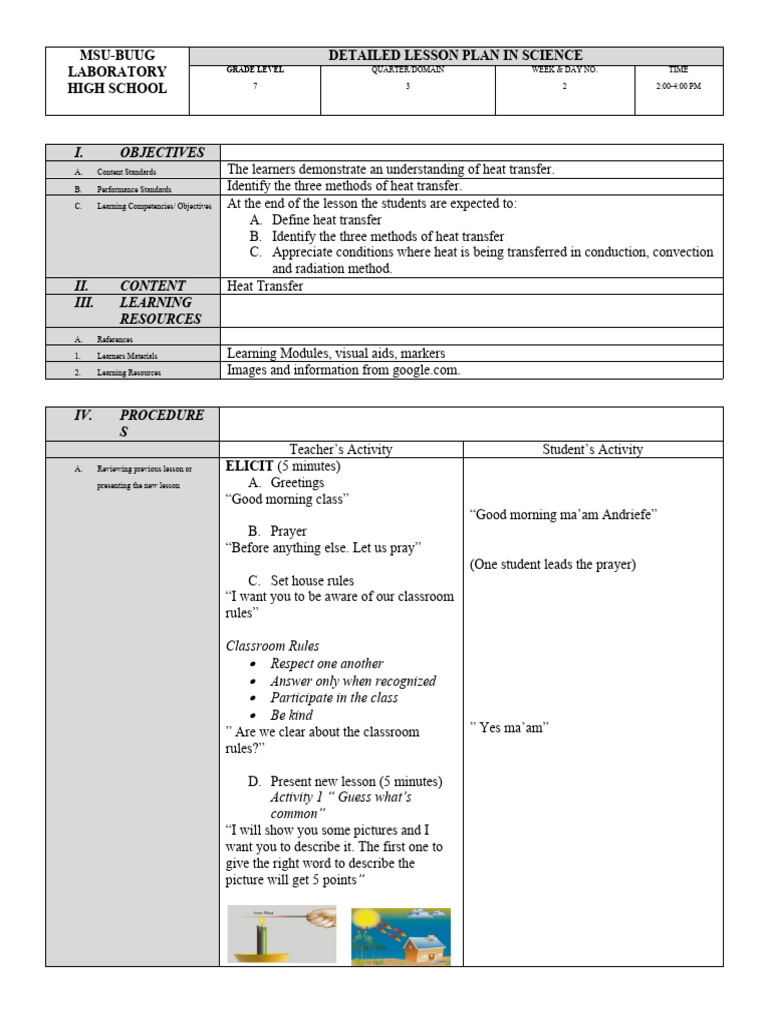 Grade 7 Science Lesson on Heat Transfer | PDF | Heat Transfer | Thermal ...