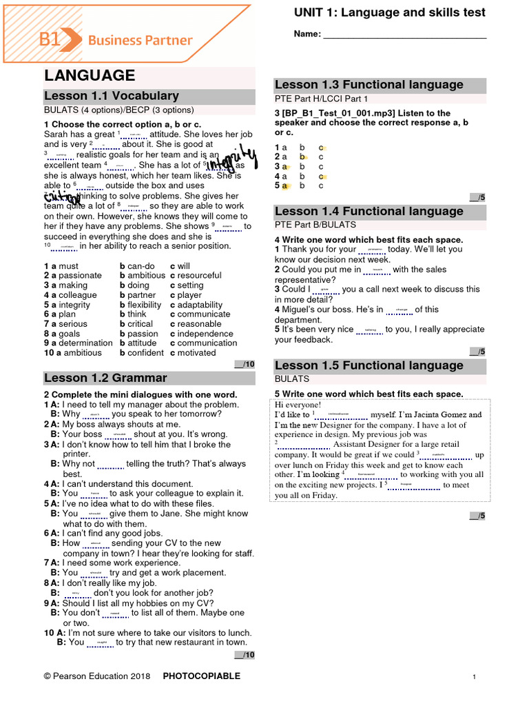 Bp B1 Tests Unit1 Download Free Pdf Cognition Human Communication