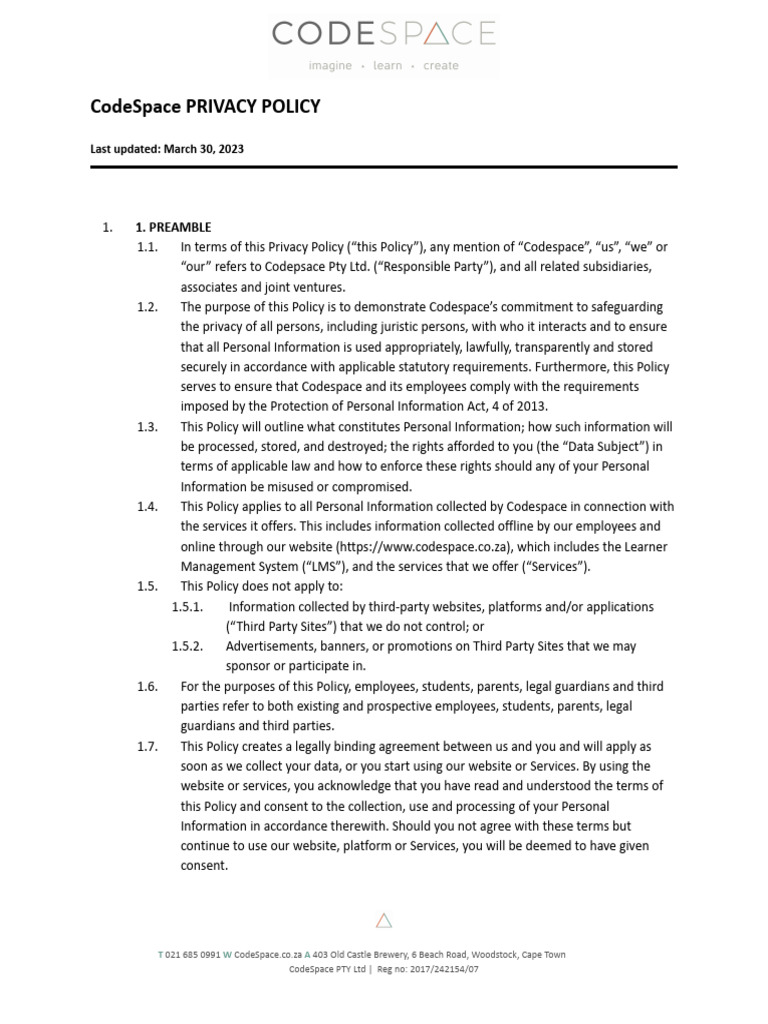 CodeSpace Privacy Policy Overview | PDF | Computer Security | Security