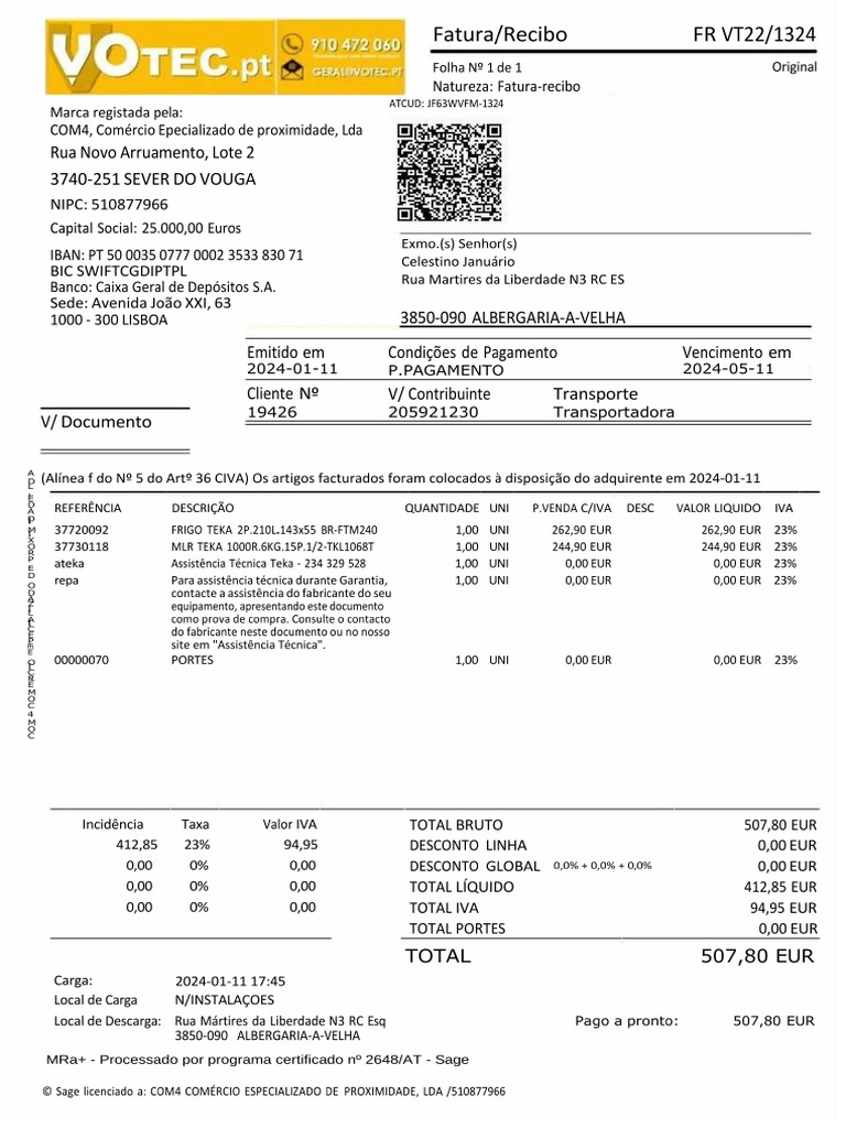 Factura Recibo Votec Portugal | PDF