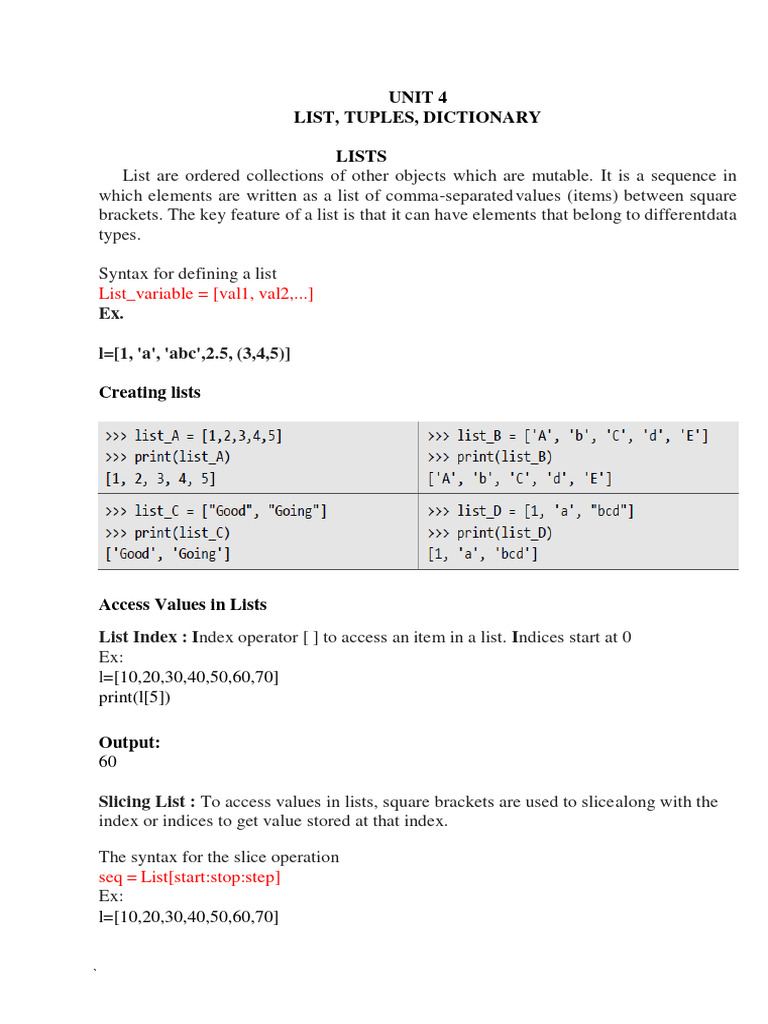 Python Lists: Creation, Access, and Methods | PDF | Computing ...