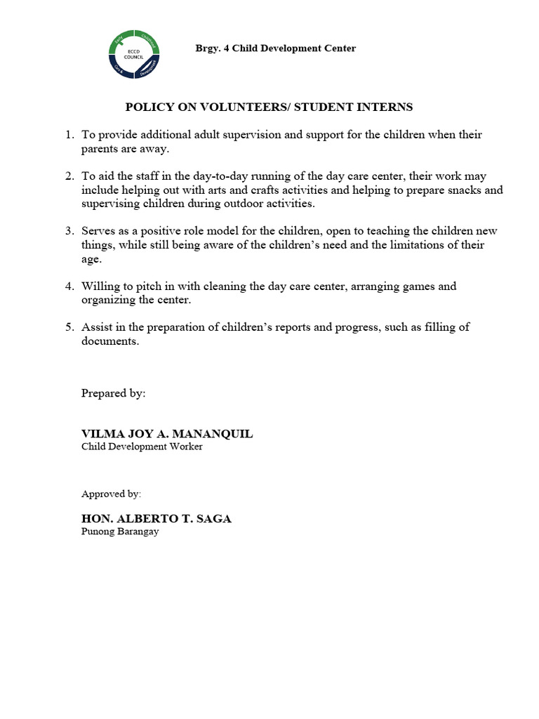 Volunteer Policy for Child Development Center | PDF | Wellness