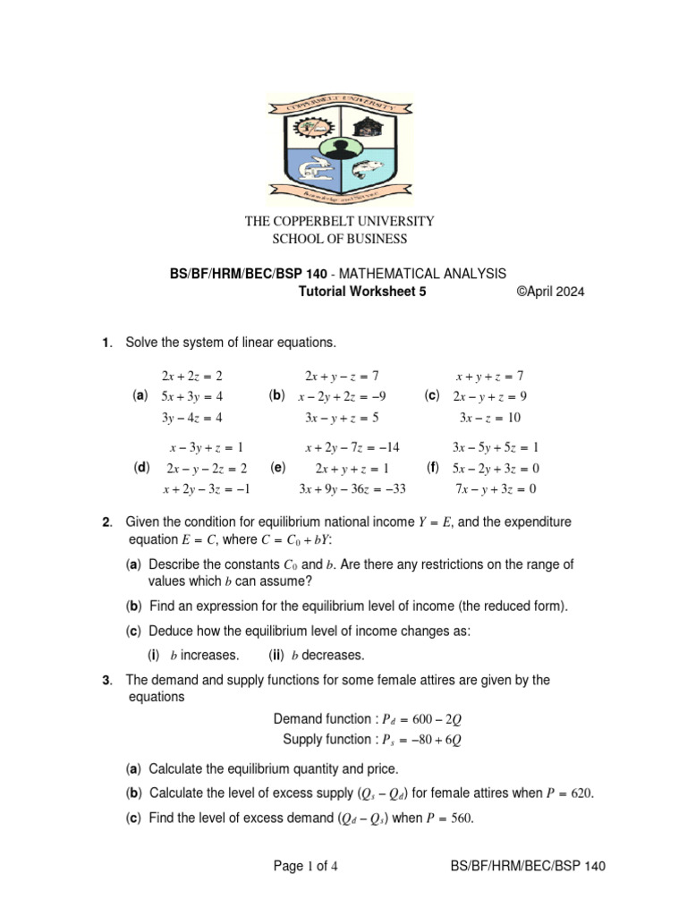 Mathematical Analysis Tutorial Worksheet | PDF | Economic Equilibrium ...