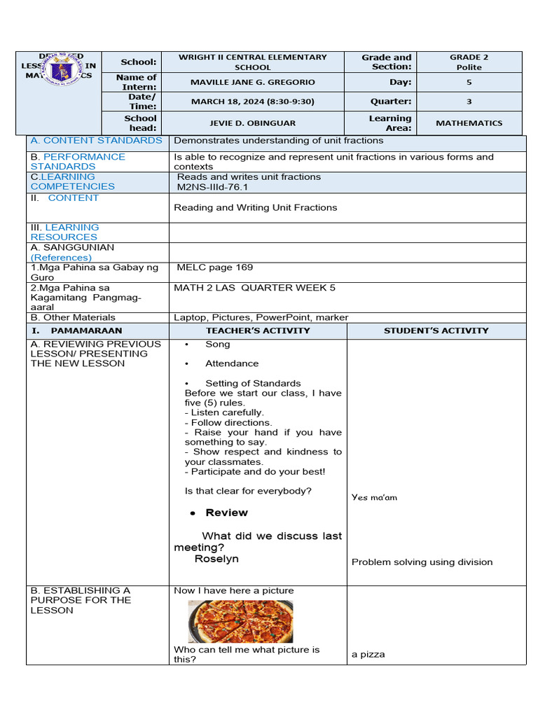 Grade 2 Unit Fractions Lesson Plan | PDF | Learning | Cognition
