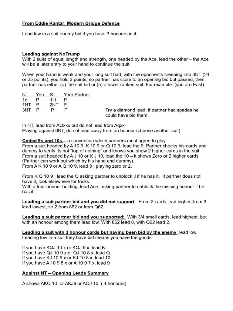 Modern Bridge Defence Notes | PDF | Contract Bridge | Gaming