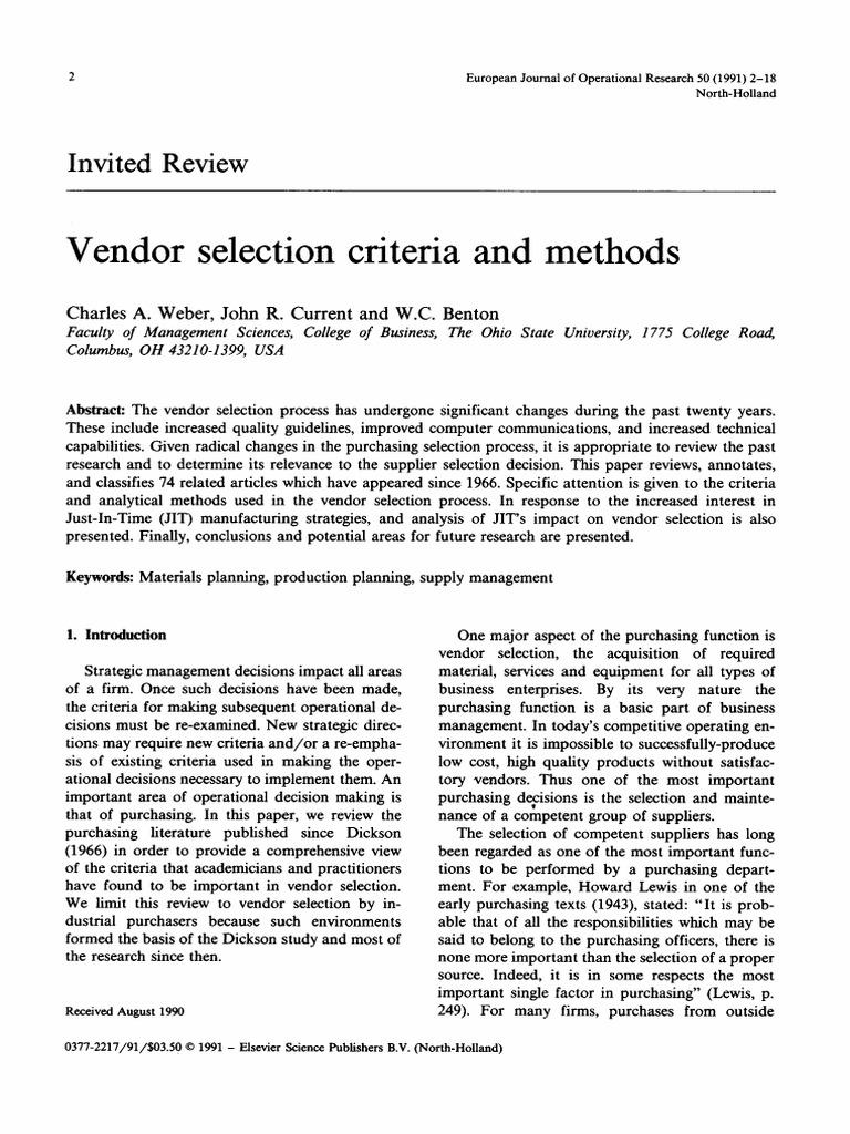Vendor Selection Criteria Review | PDF | Lean Manufacturing | Pricing