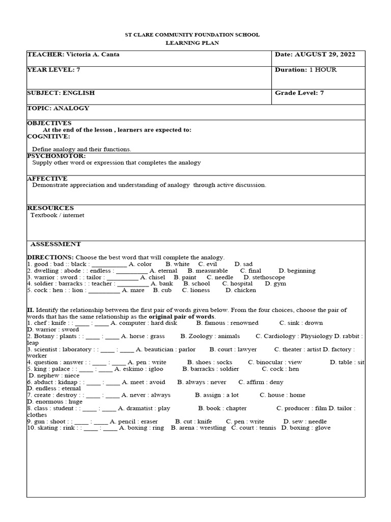 SLP in English 7 Lesson 2 | PDF | Analogy | Cognitive Science