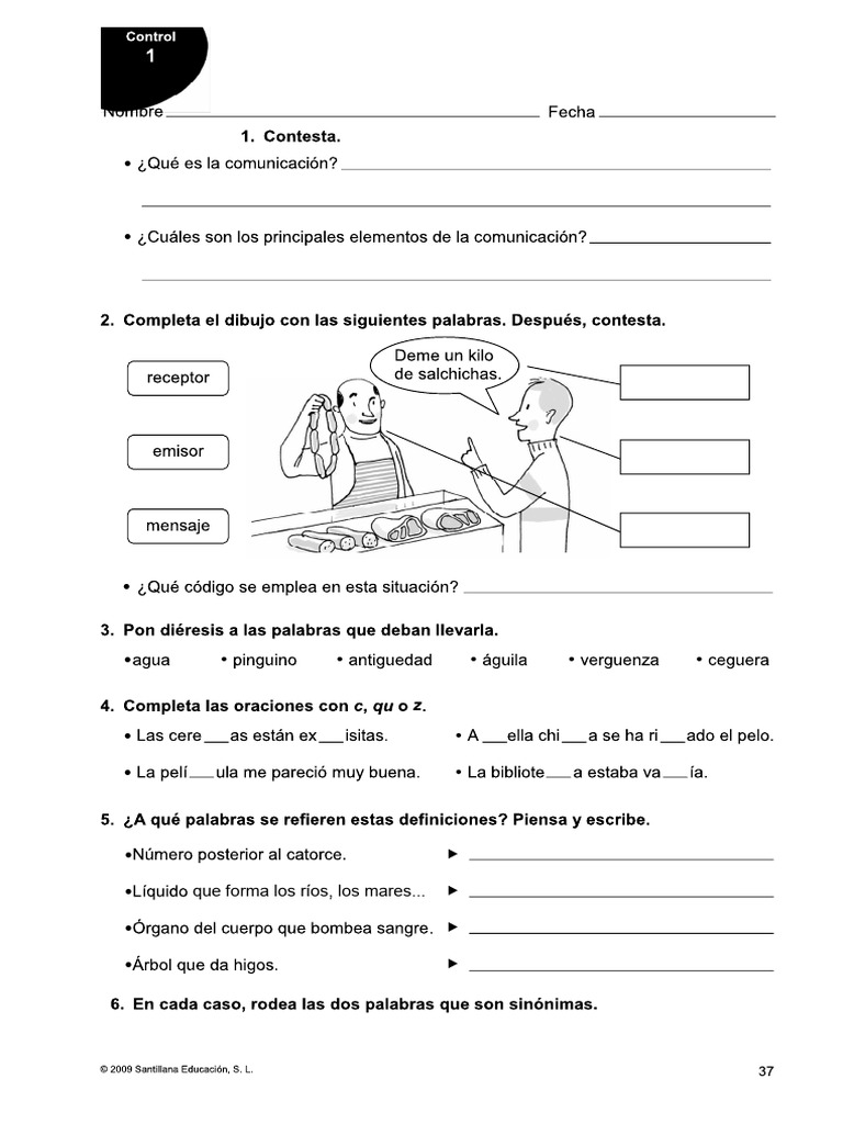 Control 1 Lengua 5 Primariapdf SANTILLANA | PDF