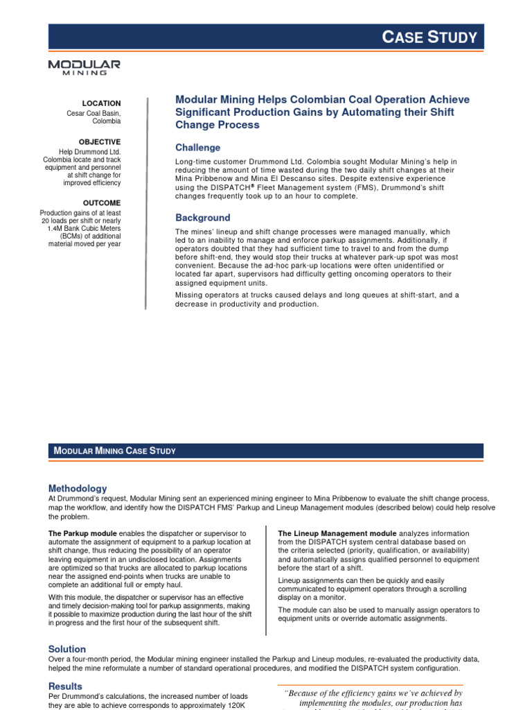 Case Study - Drummond Colombia - Shift Change Efficiency 2017 | PDF ...