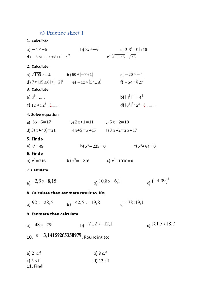Math Practice Sheet: Calculations & Equations | PDF | Teaching Methods ...
