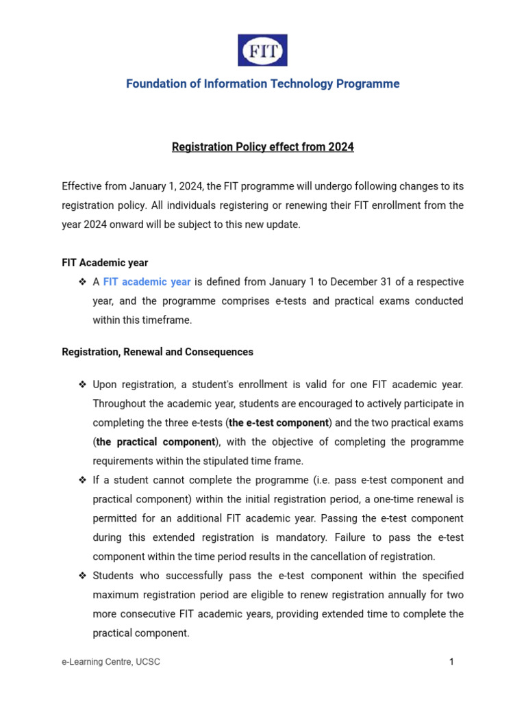 FIT Programme Registration Policy 2024 | PDF