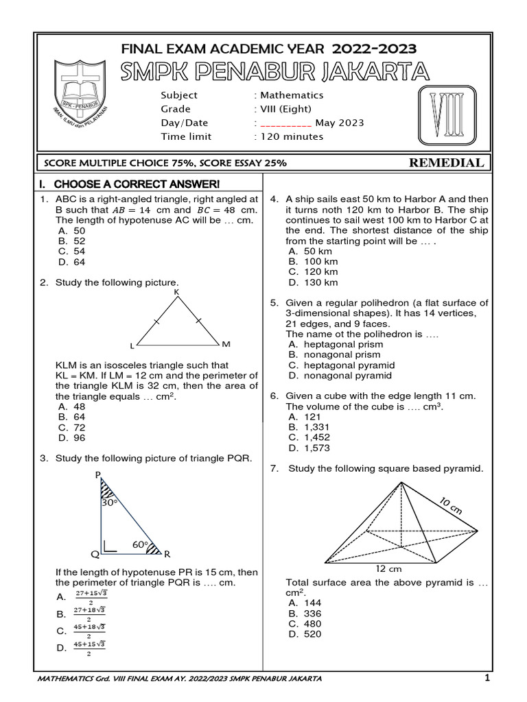 Grade 8 Mathematics Final Exam 2023 | PDF | Area | Triangle
