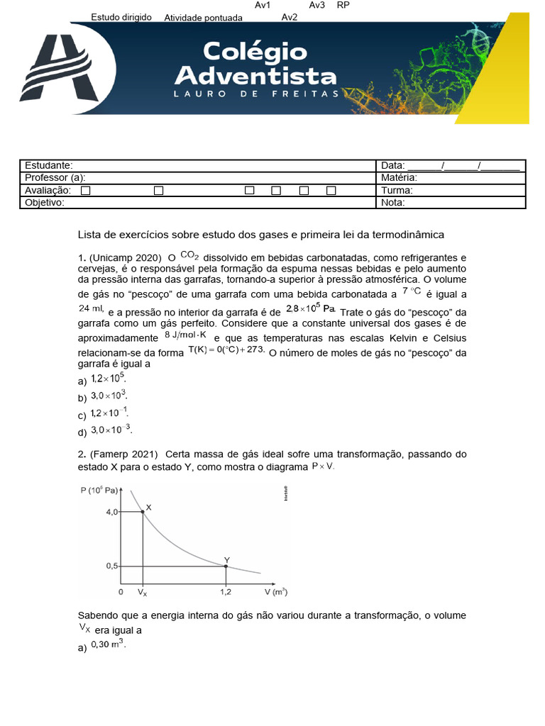 Exercícios sobre a Primeira Lei da Termodinâmica | PDF | Termodinâmica ...
