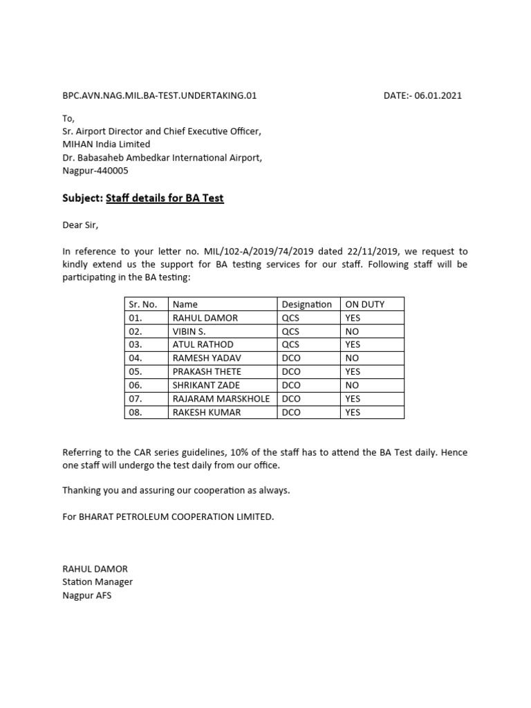 BA Testing Staff Details and Undertaking | PDF | Technology & Engineering