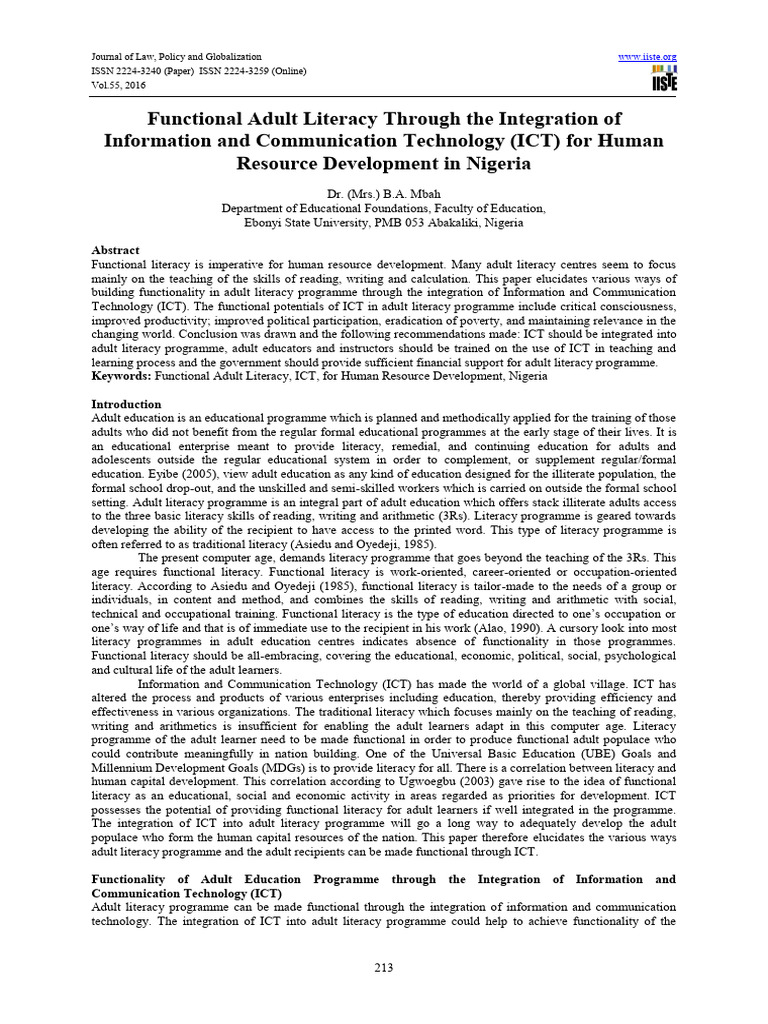 Adult Literacy and Integration of ICT For Resource Development | PDF ...