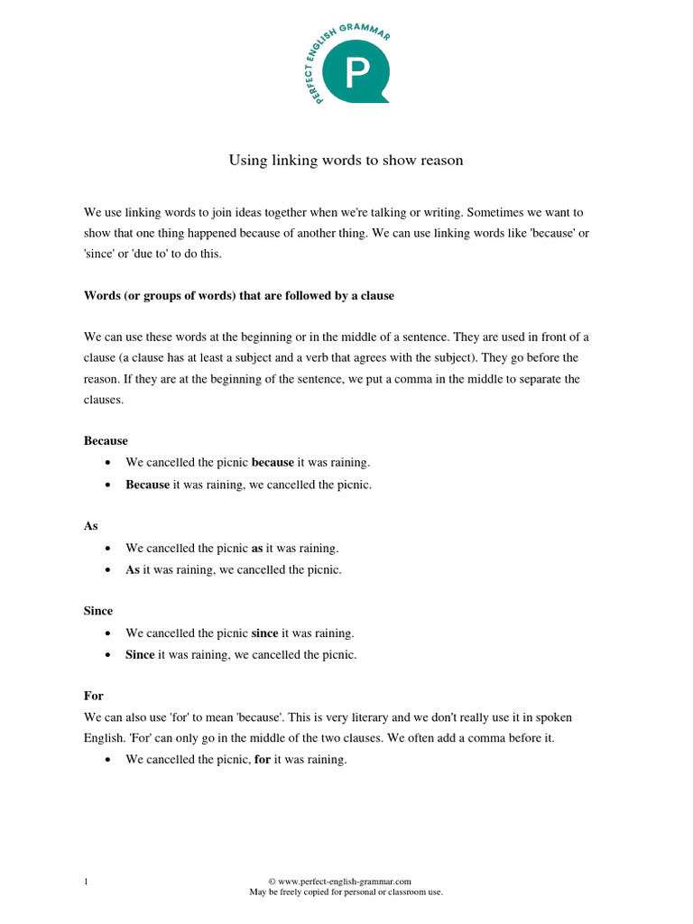 Linking Words Reason Explanation PDF