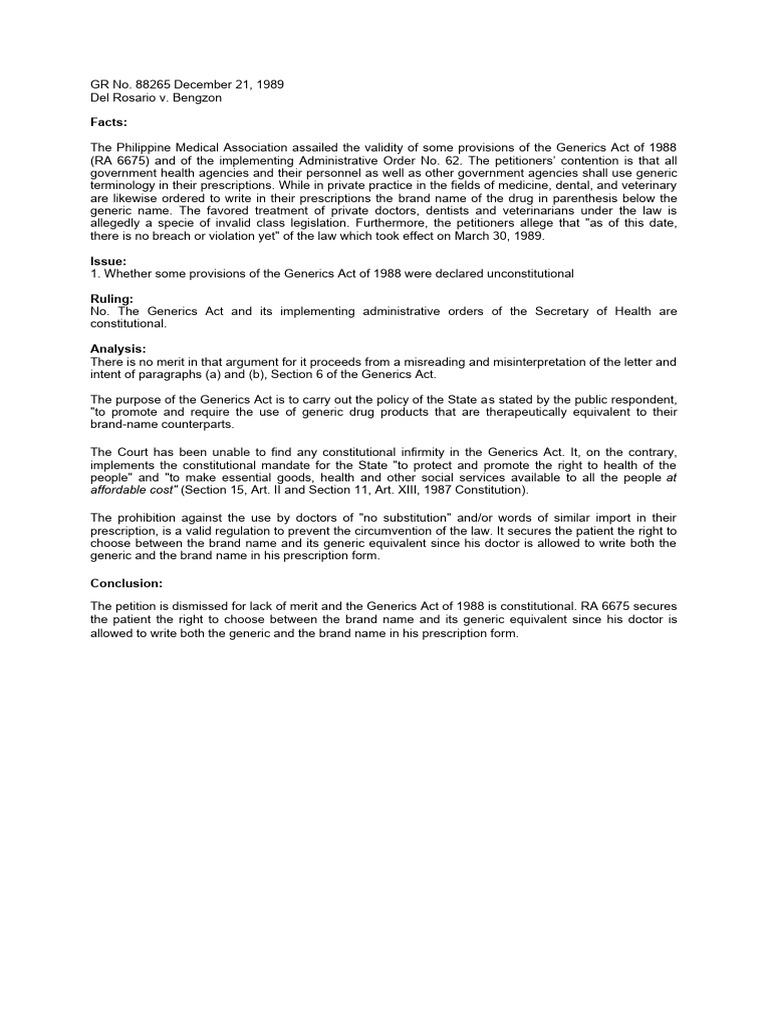 Generics Act of 1988 Constitutionality | PDF | Generic Drug | Medical ...