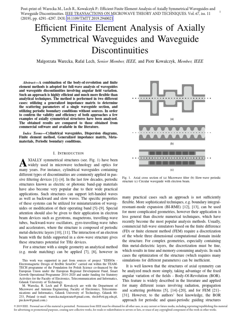 Efficient finite element analysis of axially symmetrical waveguides and