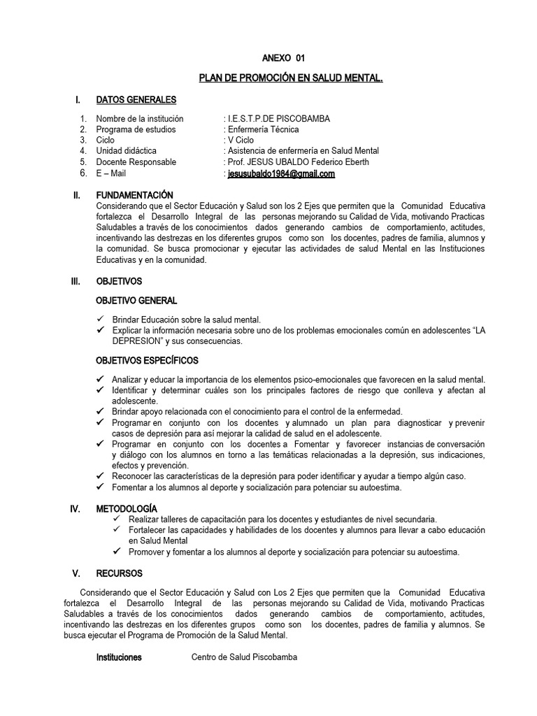 Plan de Promocíon Educativas de Salud Mental | PDF | Salud mental ...