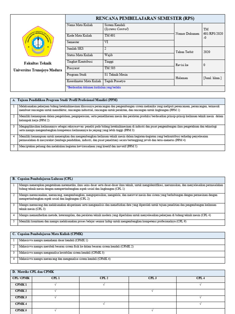 RPS Sistem Kendali S1 Teknik Mesin | PDF