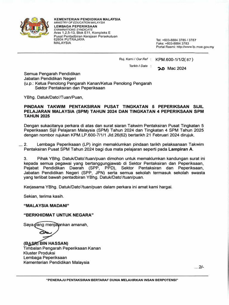 Surat Pindaan Takwim Pentaksiran Pusat Tingkatan 5 Peperiksaan SPM