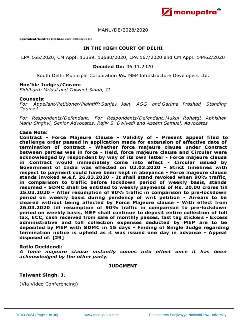 Delhi High Court Ruling on Force Majeure | PDF | Mandamus | Writ