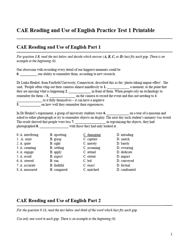 CAE Reading & Use of English Test 1 | PDF | Noun | Linguistics