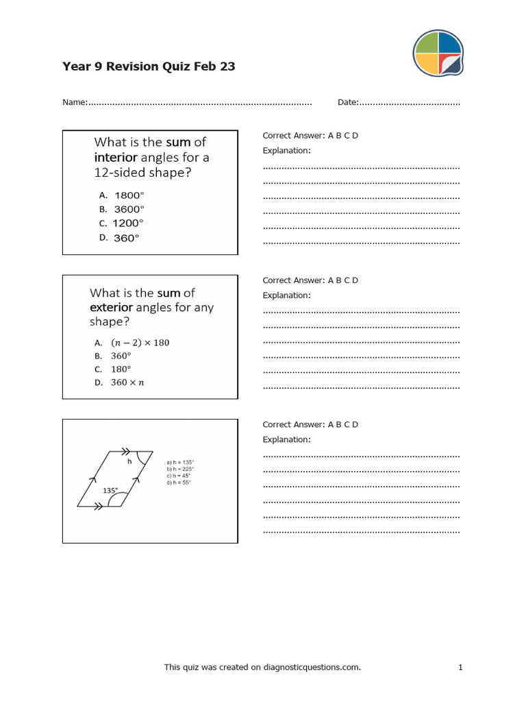 Year 9 Revision Quiz Feb 23 Pdf