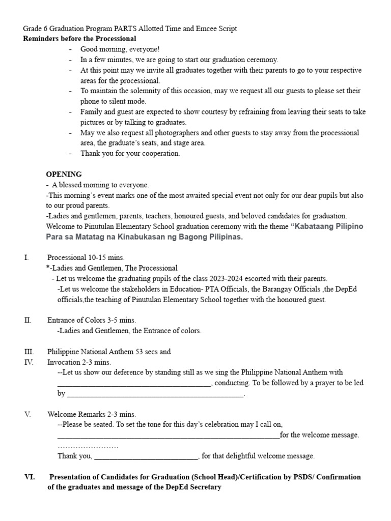 Grade 6 graduation program parts allotted time and emcee script pdf