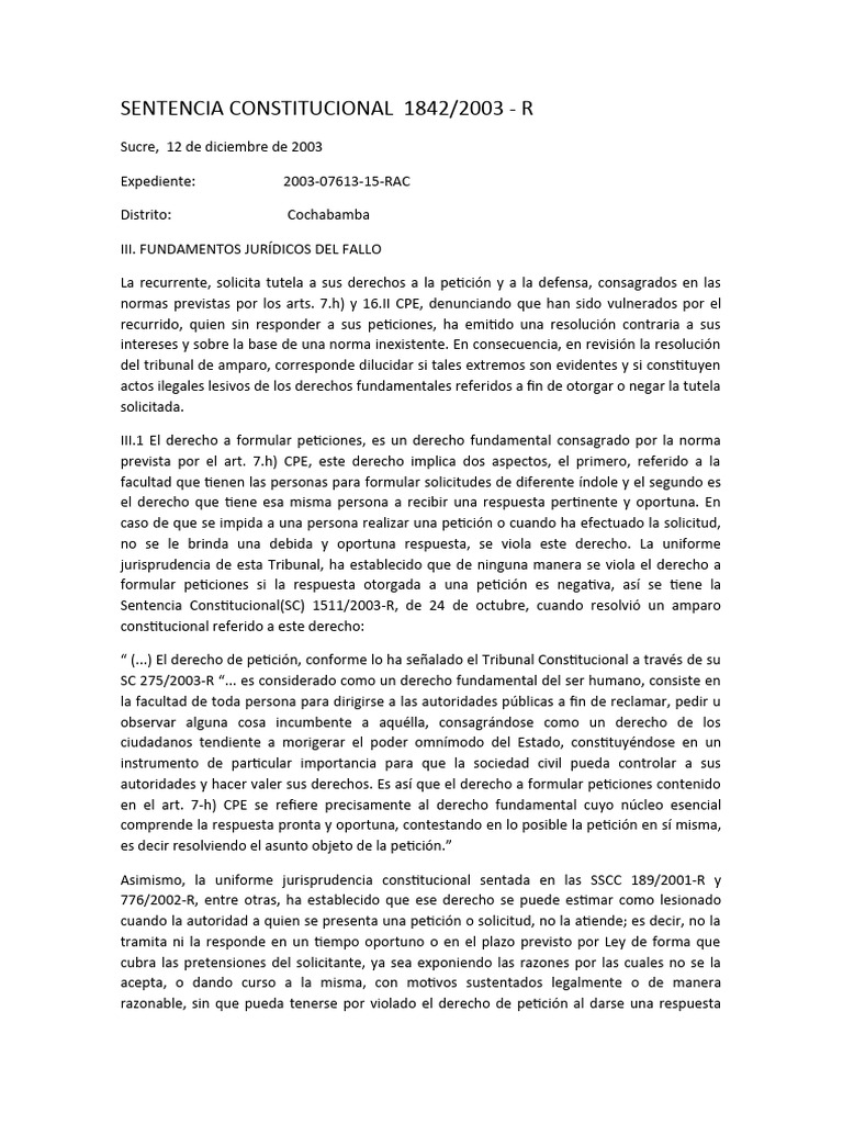 Sentencia Constitucional 1842 | PDF | Debido al proceso | Caso de ley