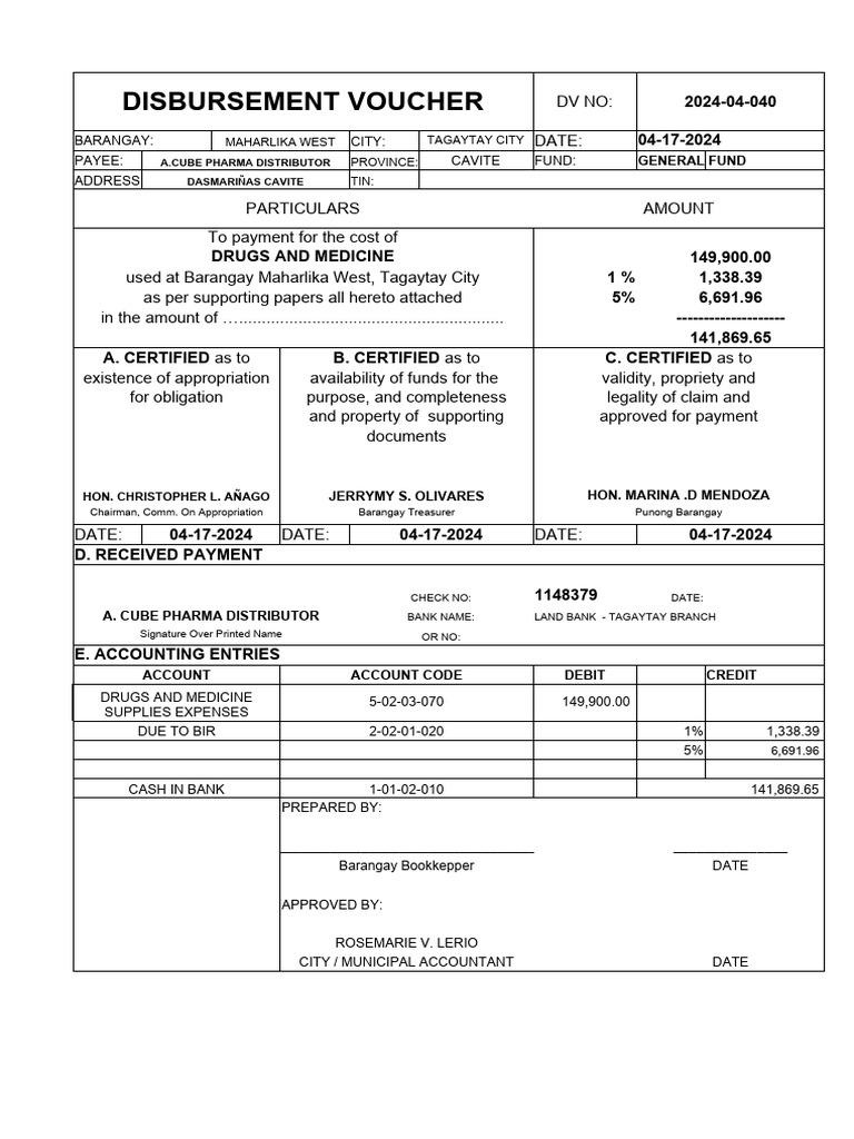 Disbursement Voucher for Barangay Medicines | PDF | Affidavit | Payments