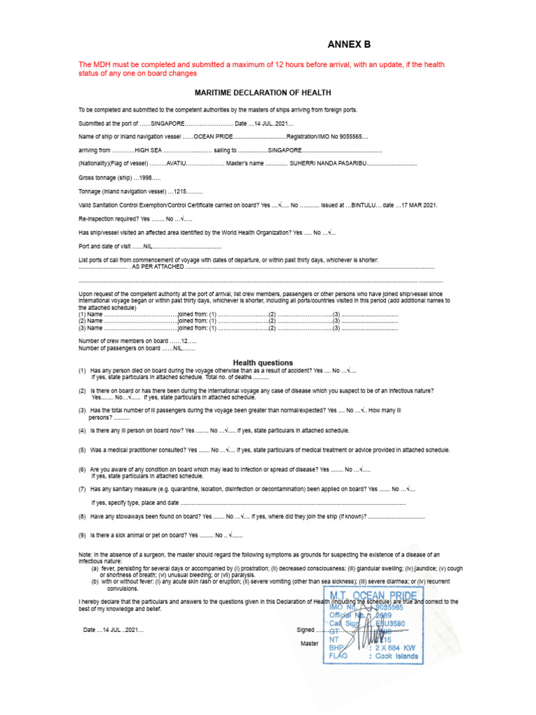 MARITIME_DECLARATION_OF_HEALTH PDF Port Ships