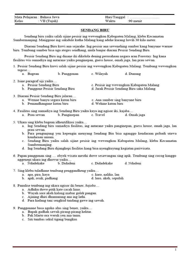 Soal Bhsa Jawa 7 | PDF | Seni & Disiplin Bahasa