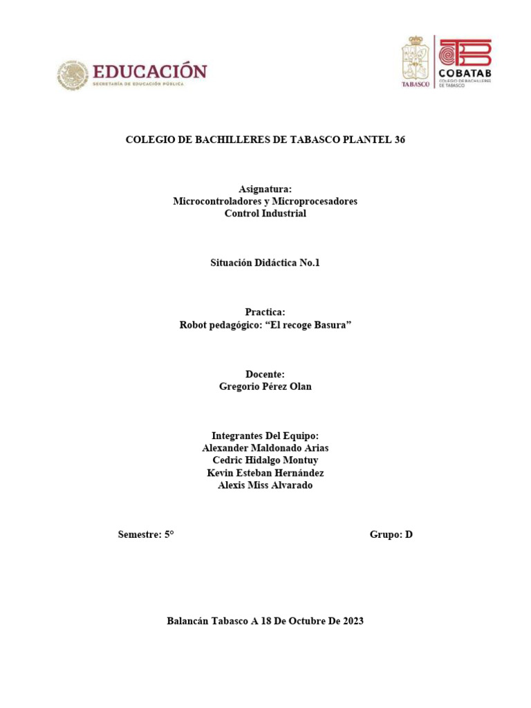 Reporte Robot Pedagógico Recoge Basura, Maldonado Arias 5D-2 | PDF ...