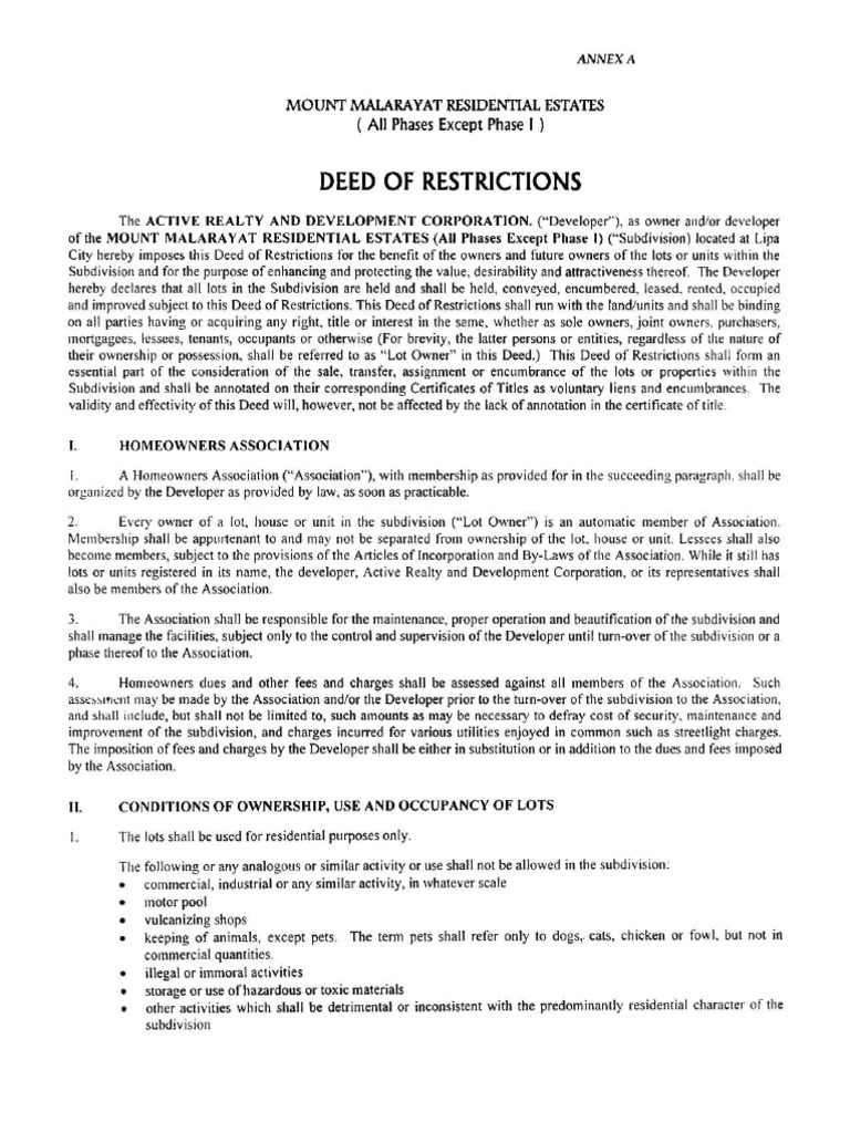 Deed of Restrictions for Subdivision | PDF | Title (Property) | Sewerage