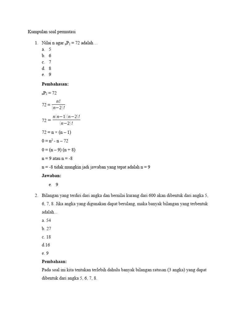 Soal dan Pembahasan Permutasi Matematis | PDF | Metode & Bahan Ajar