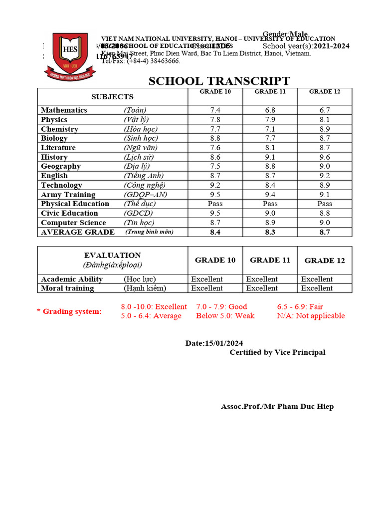 Student Academic Transcript 2024 | PDF | Vietnam