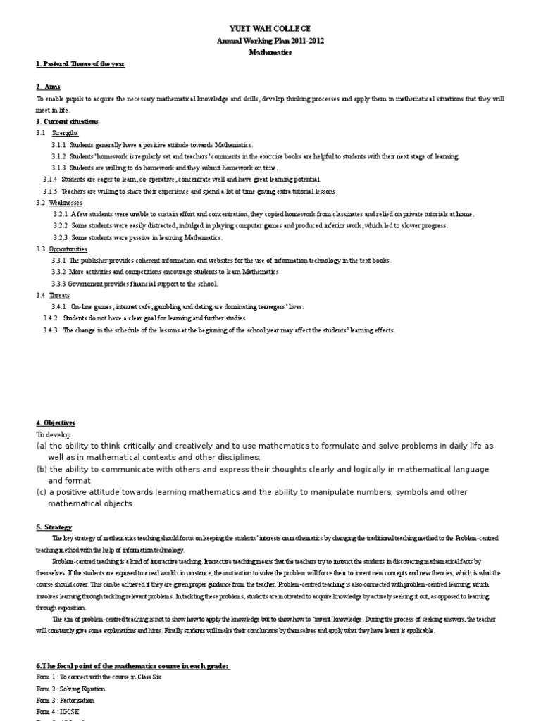 Annual Mathematics Teaching Plan 2011-12 | PDF | Test (Assessment ...