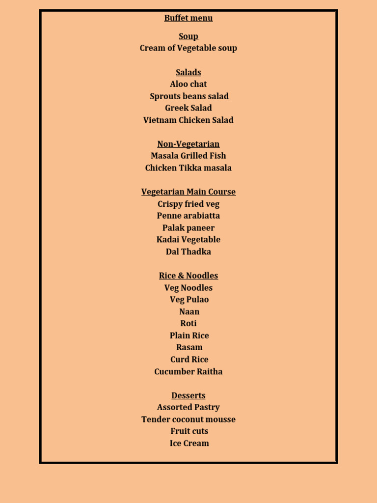 Buffet Menu: Soups, Salads, Mains & Desserts | PDF | Cooking, Food & Wine