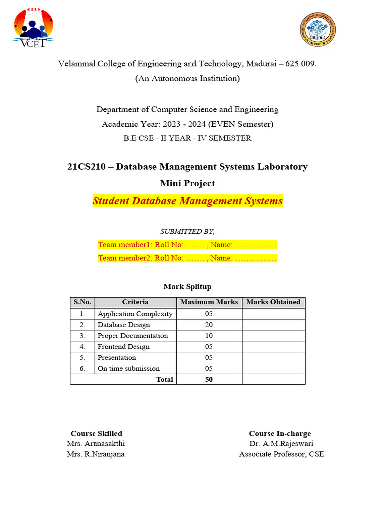 21CS210 - DBMS-Lab-Mini Project-Template | PDF | Databases | Data ...