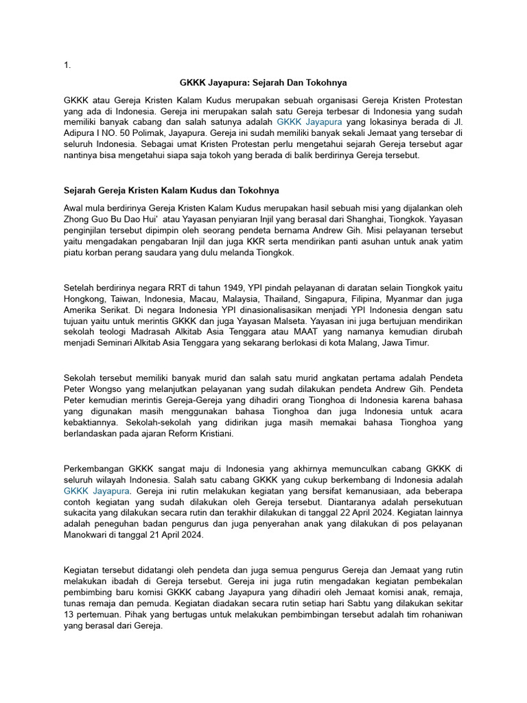 Sejarah dan Kegiatan GKKK Jayapura | PDF