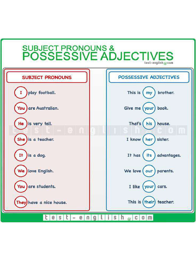 Possessive Adjectives and Subject Pronouns - Test-English | PDF