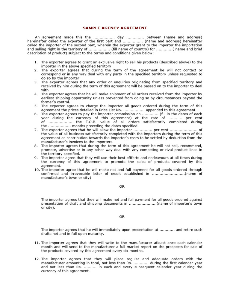 Sample Export-Import Agency Agreement | PDF | Letter Of Credit | Business